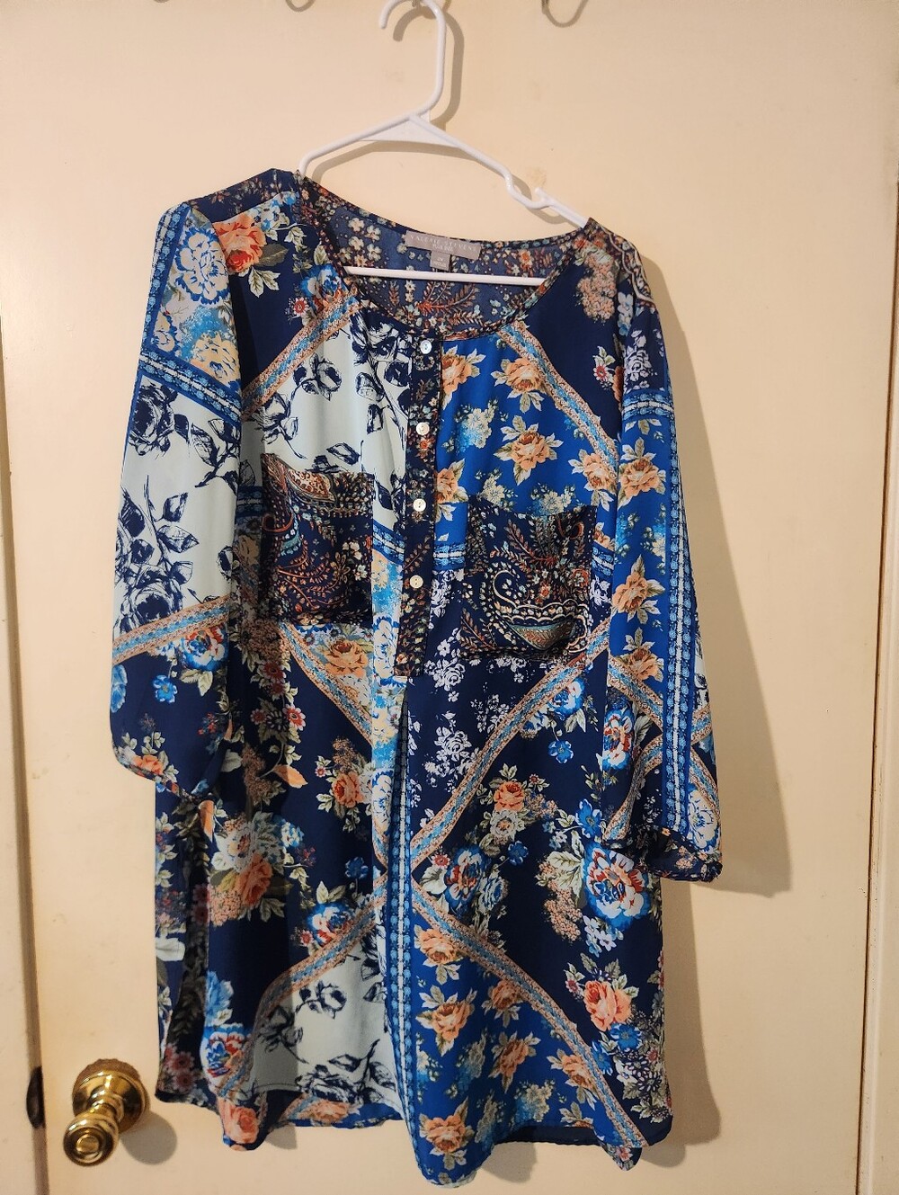Valerie Stevens Floral Patchwork Navy Blue Women's Blouse Tunic 2X